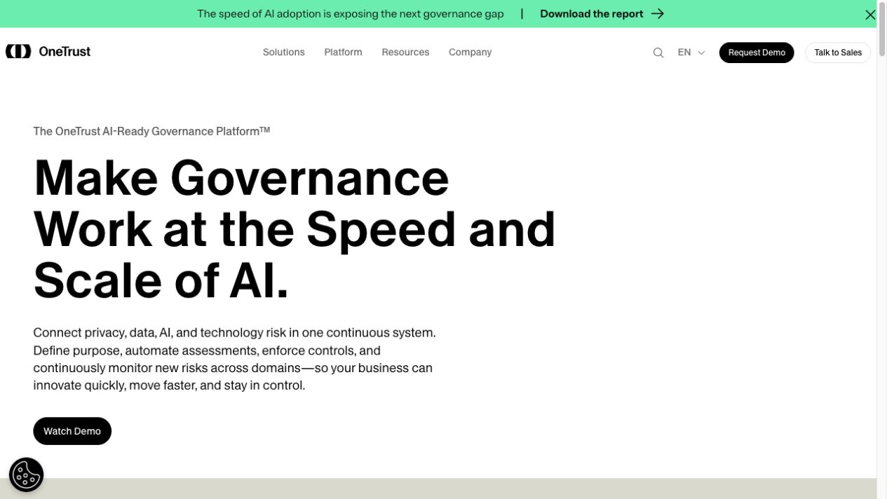 OneTrust homepage, an enterprise Drata alternative for privacy and technology risk