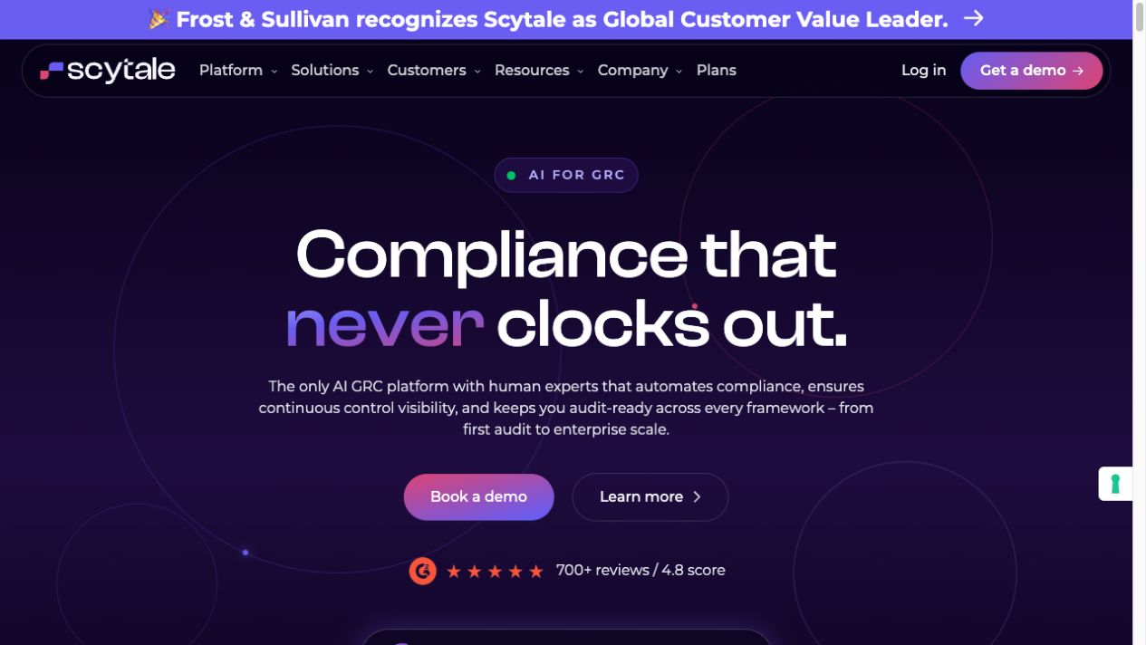 Scytale homepage, a Drata alternative pairing compliance software with expert support