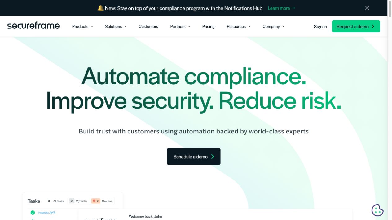 Secureframe homepage, a Drata alternative with guided onboarding and in-house compliance experts