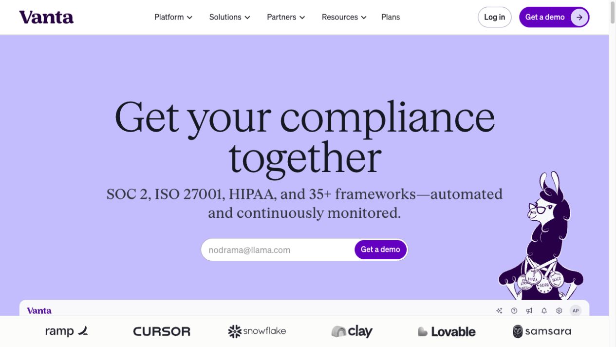Vanta homepage, a Drata alternative for SOC 2, ISO 27001 and HIPAA compliance