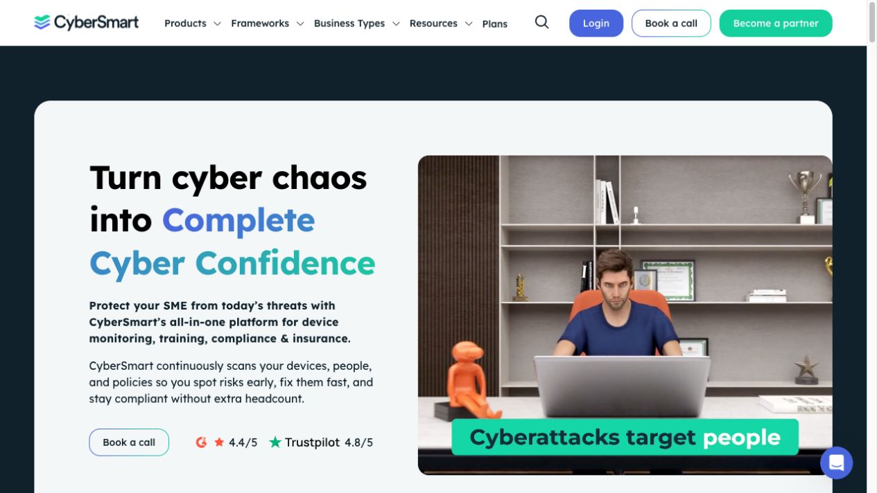 CyberSmart homepage, a UK Vanta alternative for Cyber Essentials, device monitoring and cyber insurance