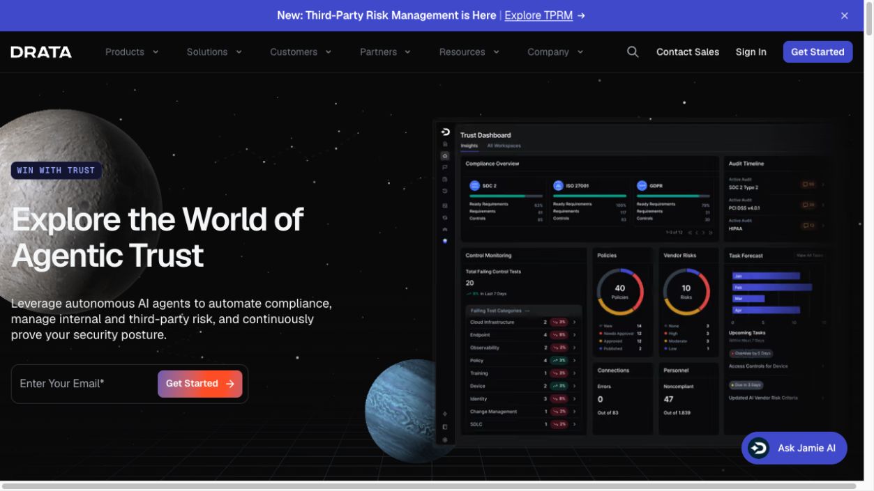 Drata homepage, a Vanta alternative for SOC 2, ISO 27001 and GDPR compliance automation