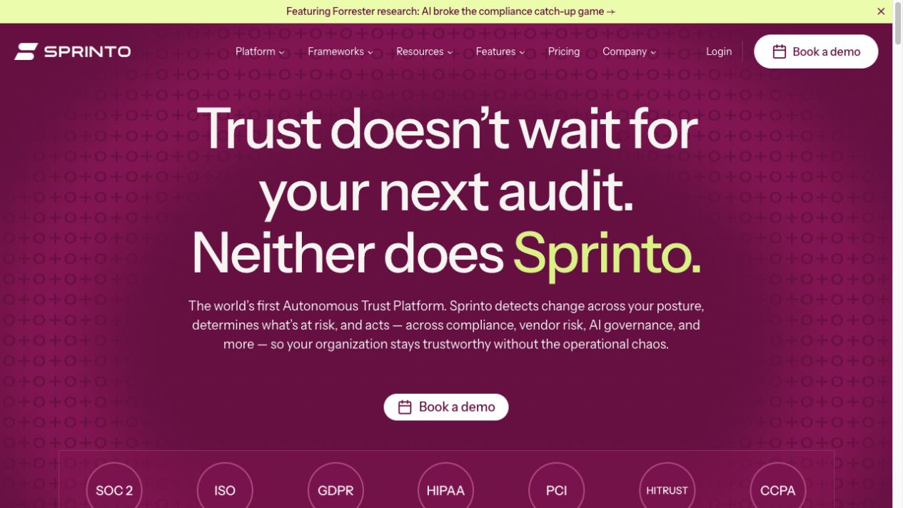 Sprinto homepage, a Vanta alternative covering SOC 2, ISO 27001, GDPR, HIPAA and PCI DSS